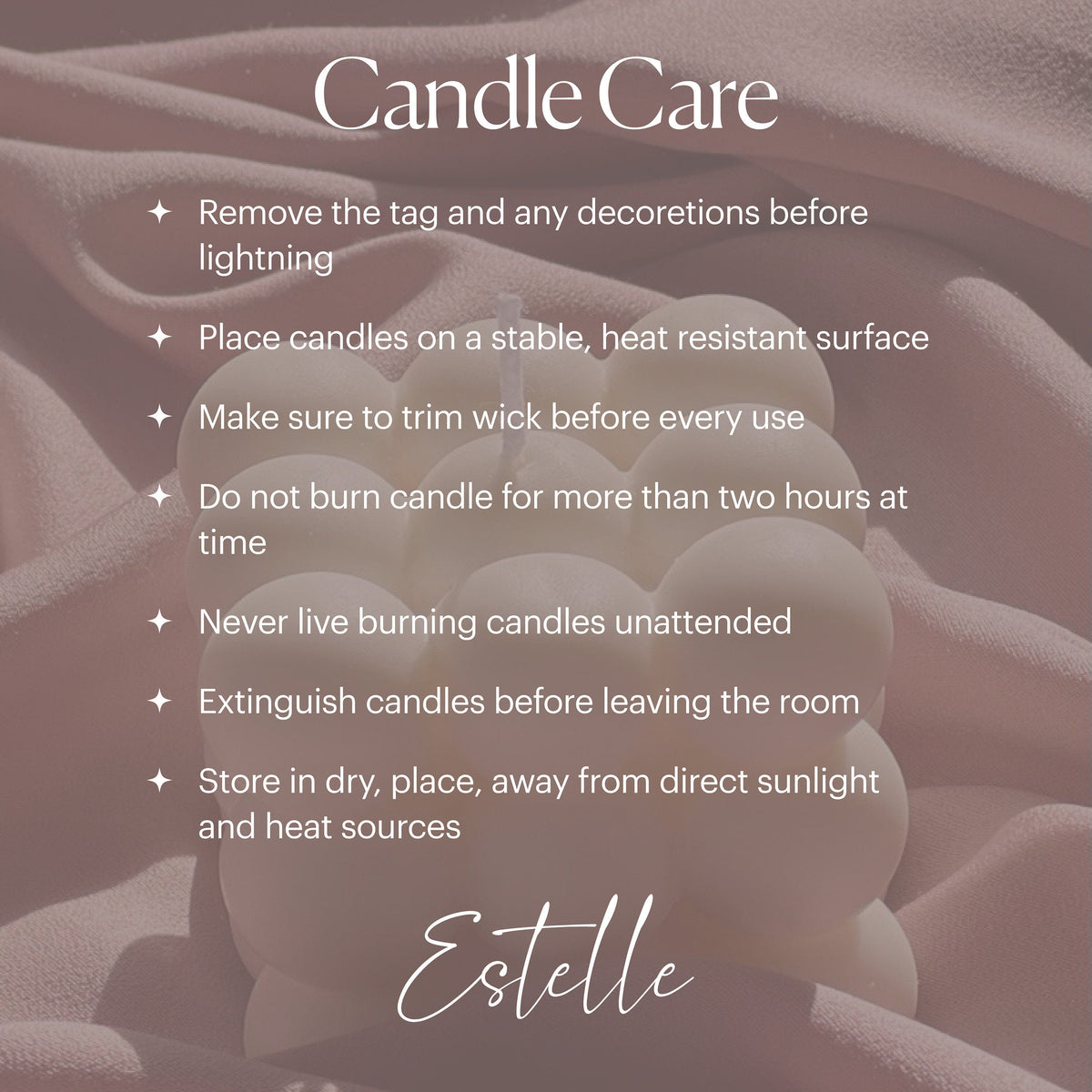 Candle care instructions with a blurred candle background