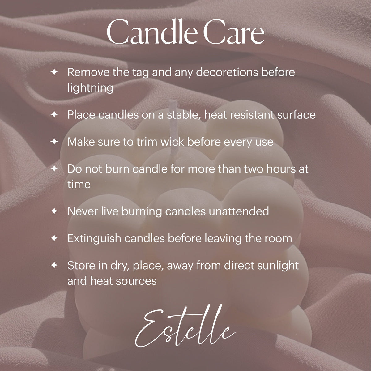 Candle care instructions with a blurred candle background