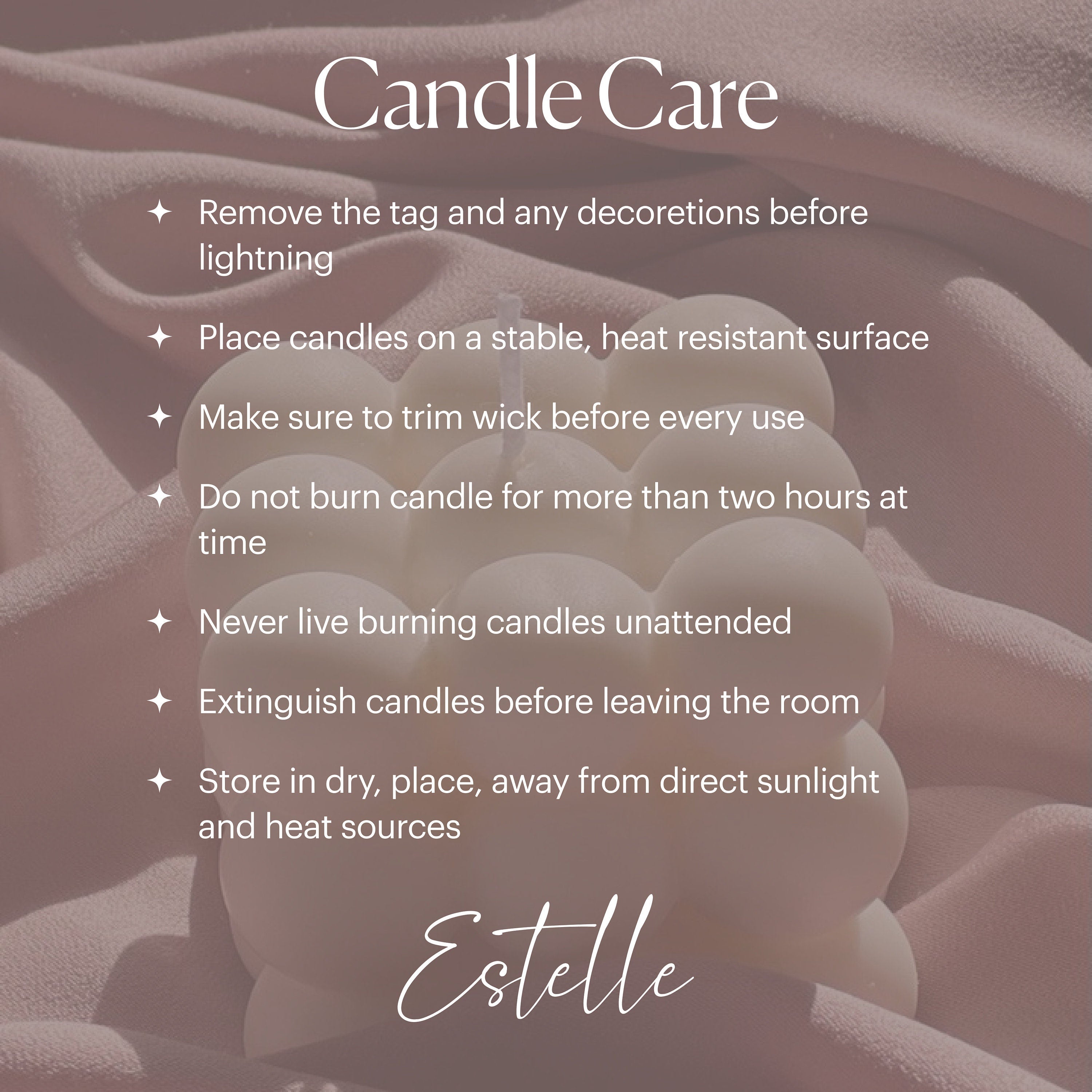 Candle care instructions with a blurred candle background
