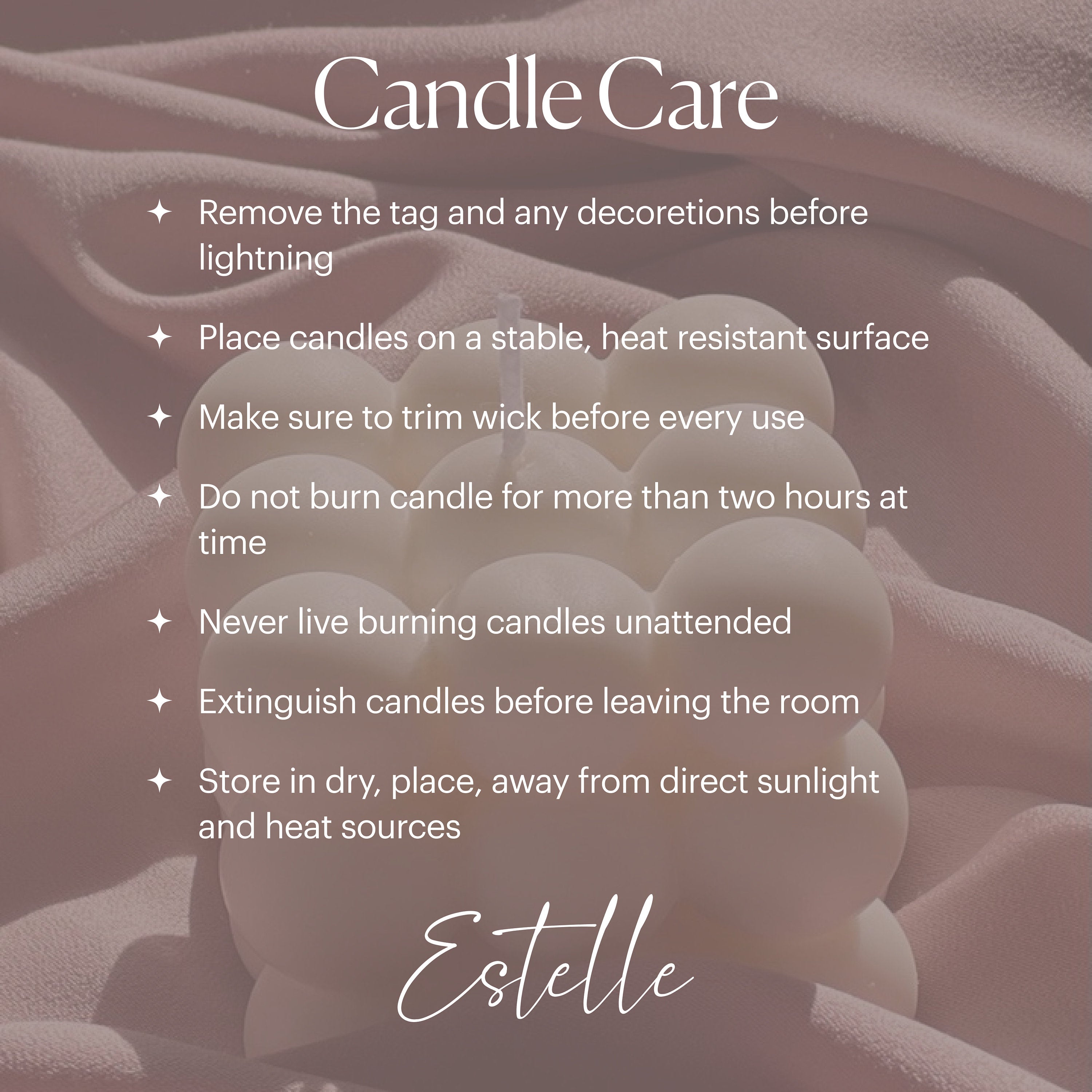 Candle care instructions with a blurred candle background