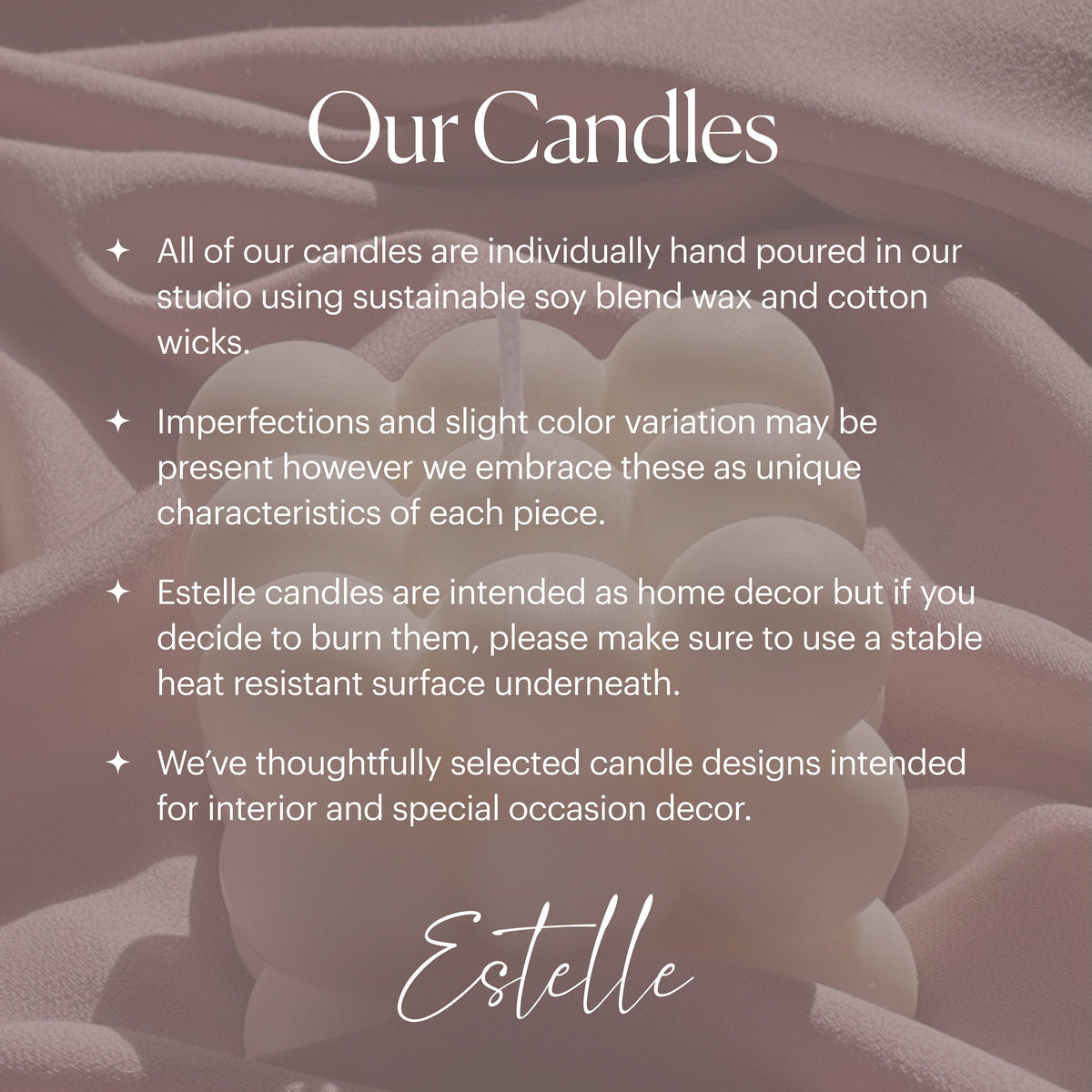 Text about Estelle candles with a blurred background of candles.