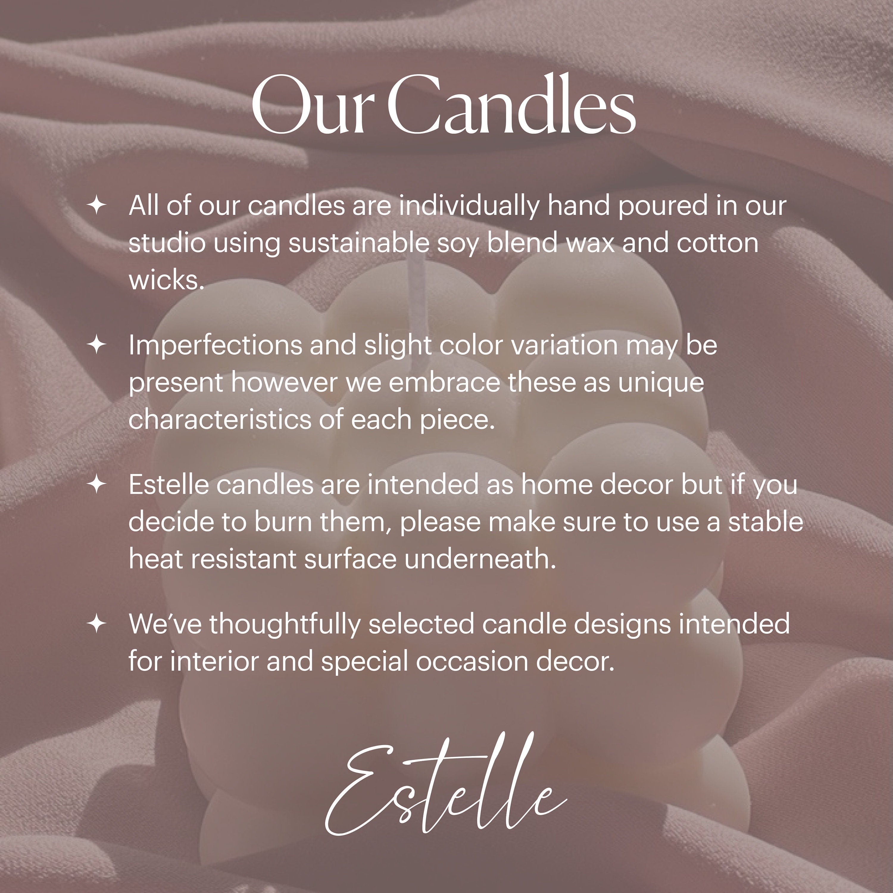 Text about Estelle candles with a blurred background of candles.