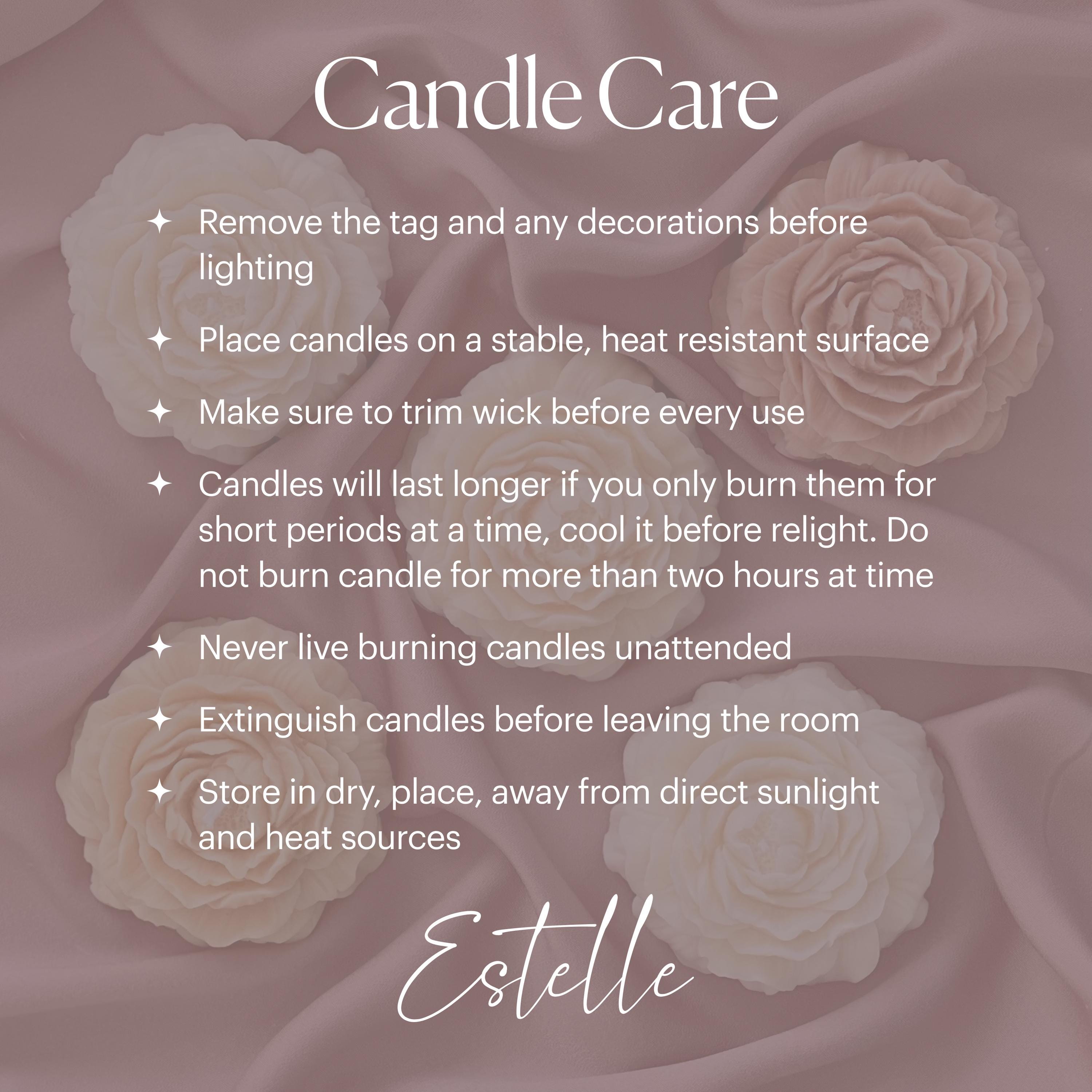 Candle care instructions with floral design in the background