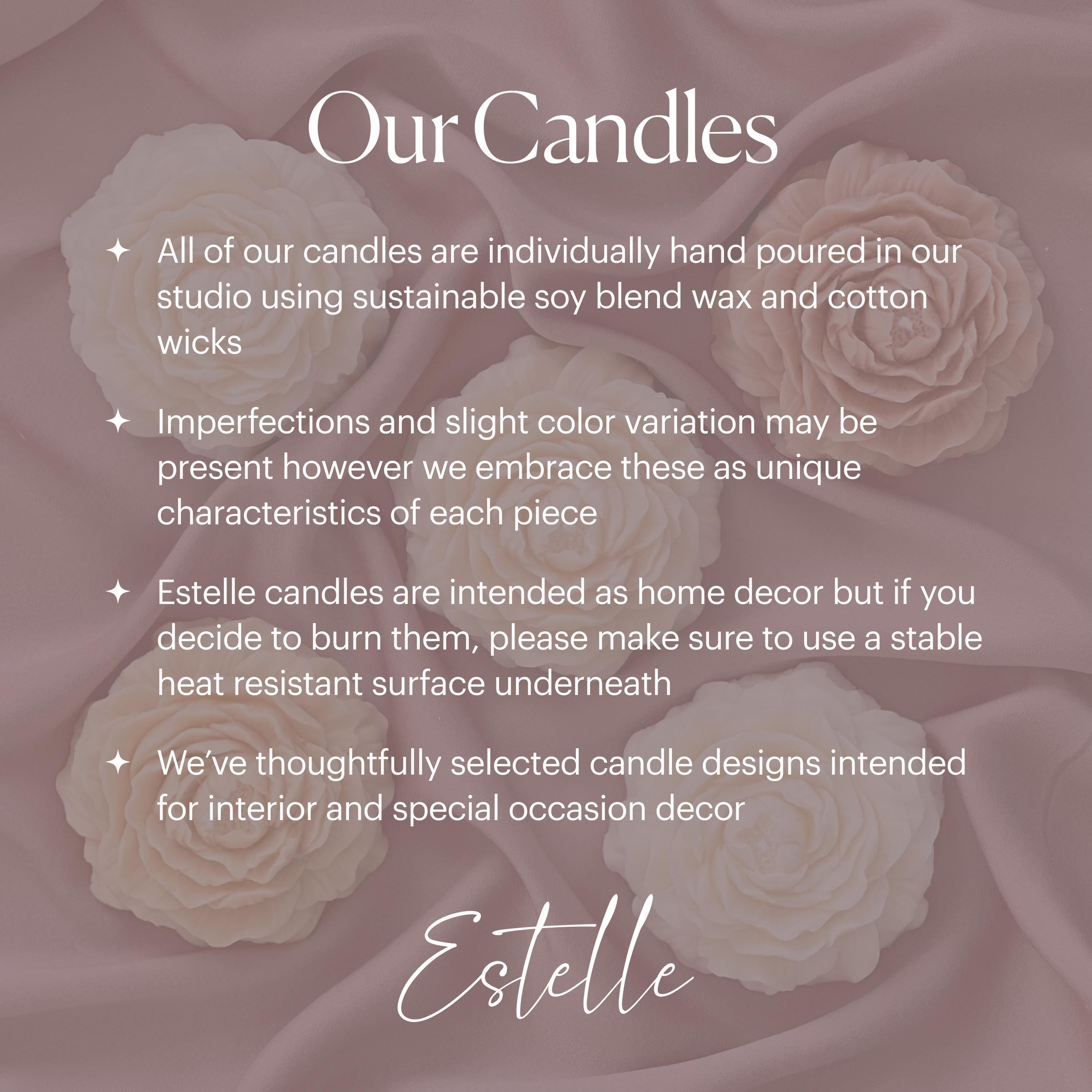 Text about Estelle candles with floral designs in the background