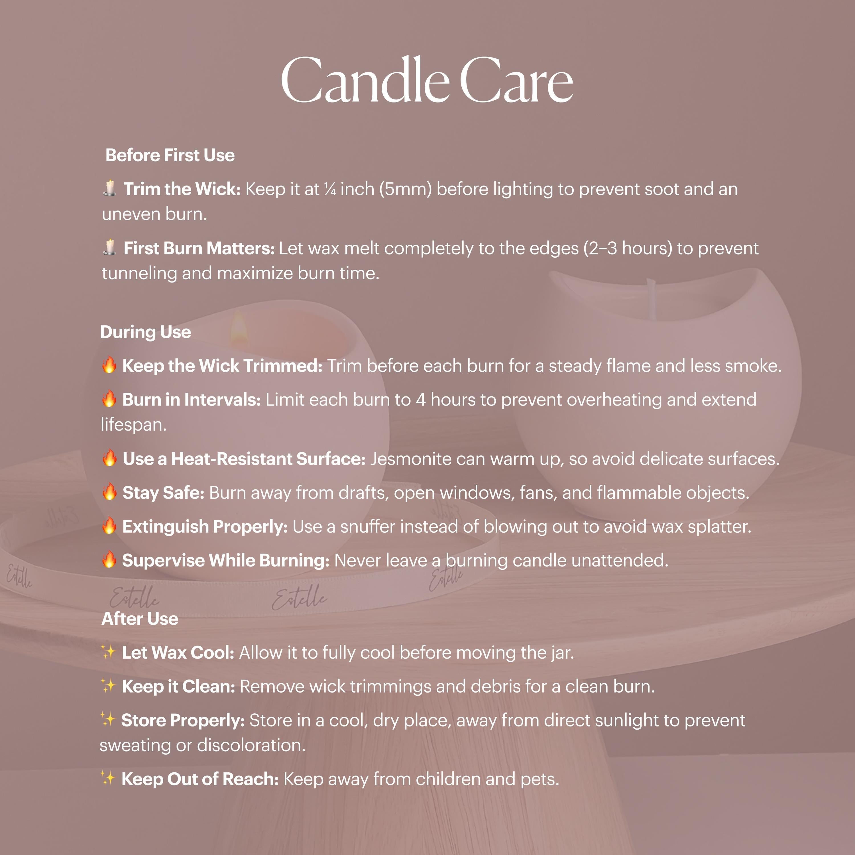 Candle care instructions with a candle in the background