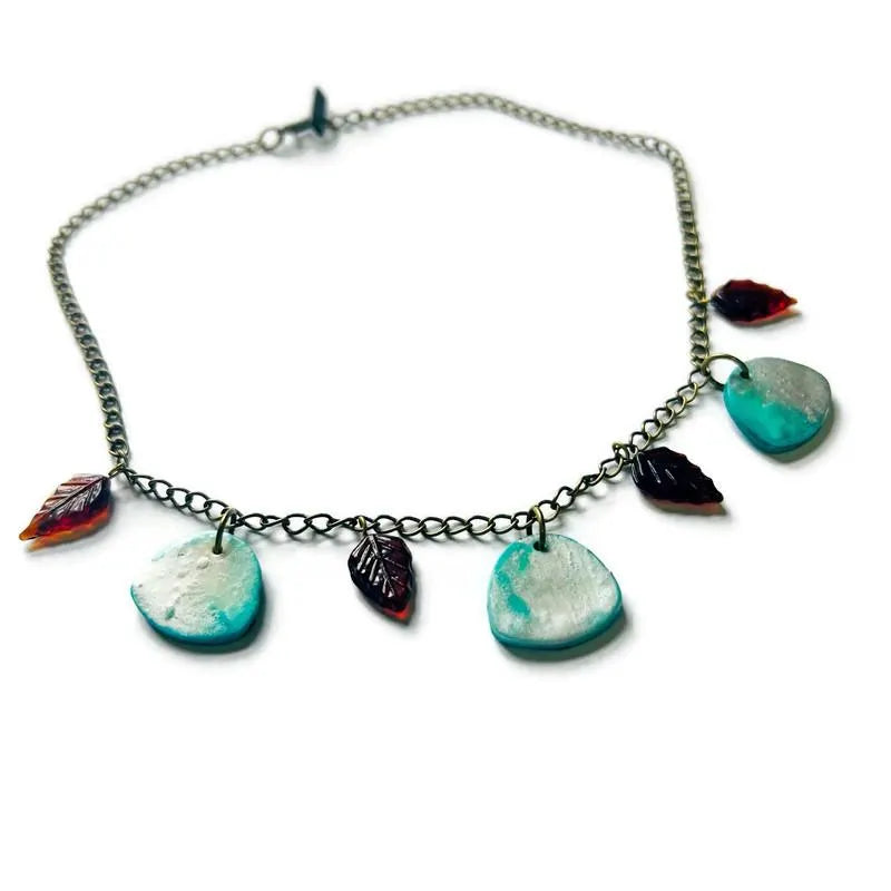 Minimalist Beaded Necklace Icy Blue & Silver with Brown Glass Leaves by Sassy Sacha Jewelry 4