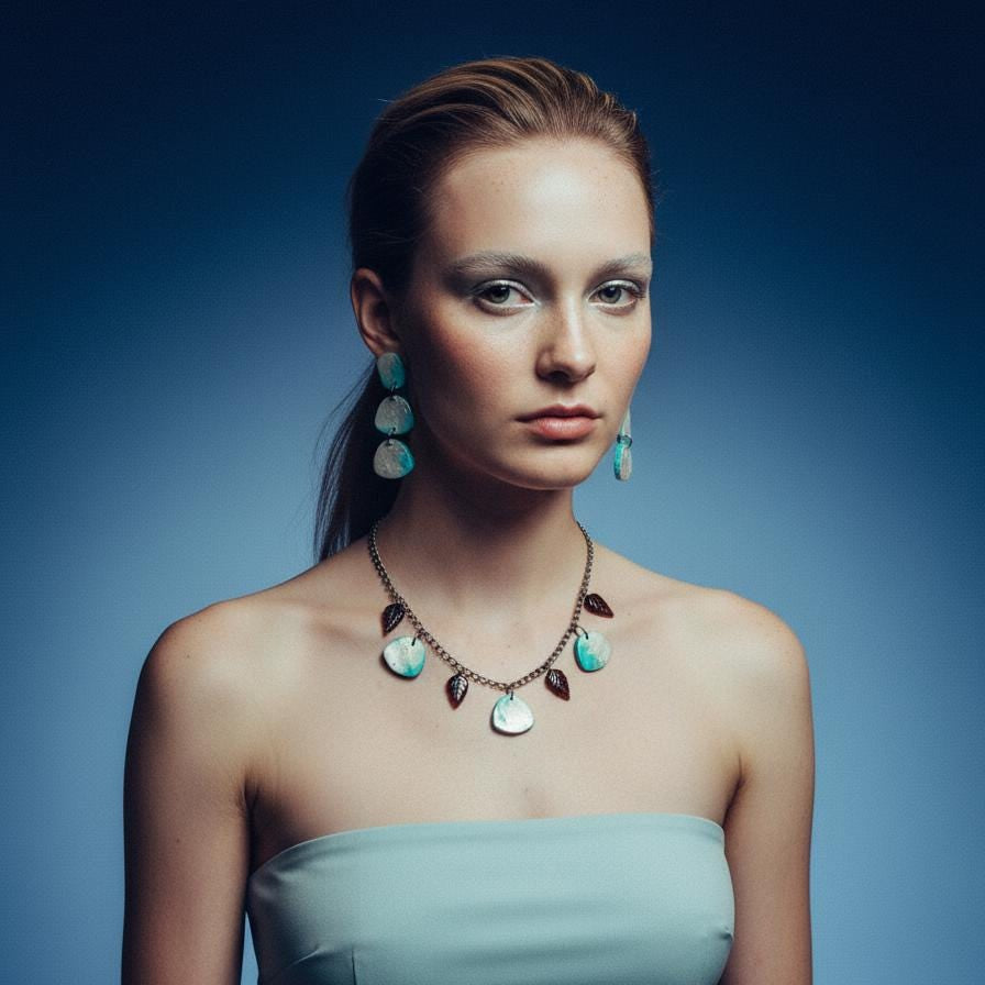 Minimalist Beaded Necklace Icy Blue & Silver with Brown Glass Leaves by Sassy Sacha Jewelry 3