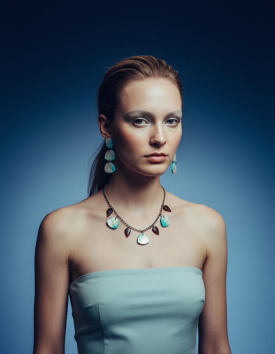 Minimalist Beaded Necklace Icy Blue & Silver with Brown Glass Leaves by Sassy Sacha Jewelry 3