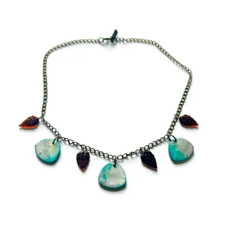 Minimalist Beaded Necklace Icy Blue & Silver with Brown Glass Leaves by Sassy Sacha Jewelry