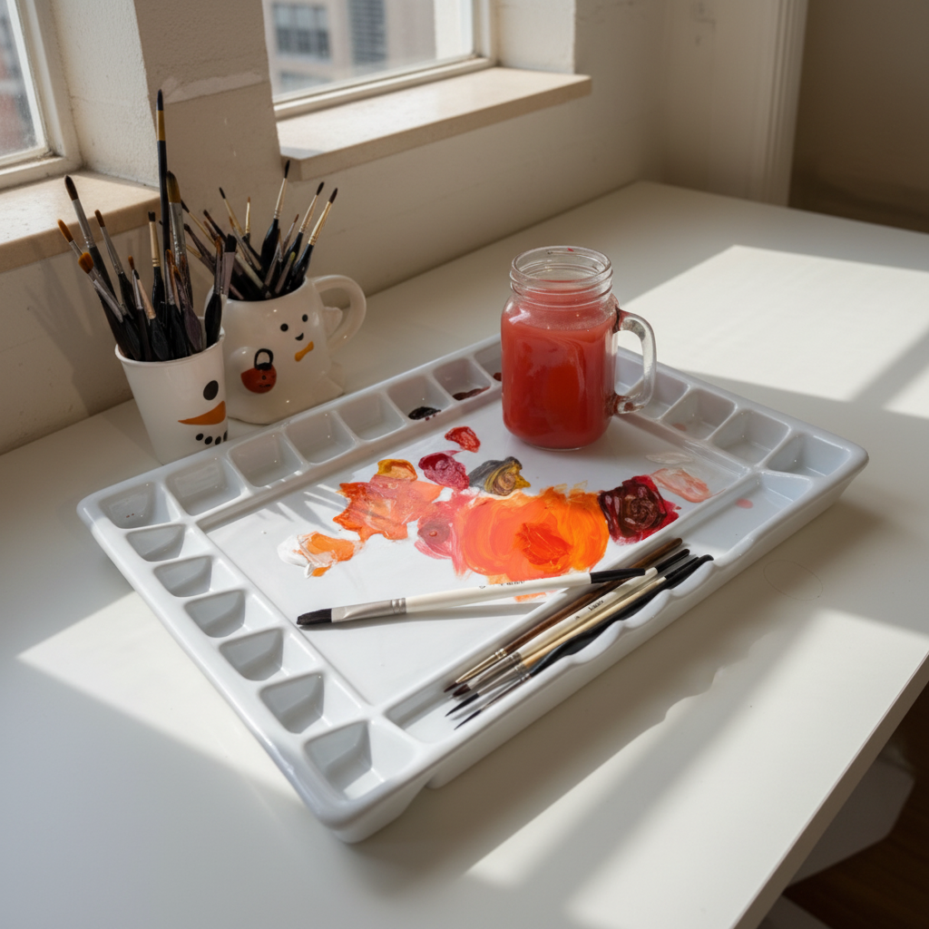 Artistic setup with watercolor paints, brushes, and a drink on a white surface.