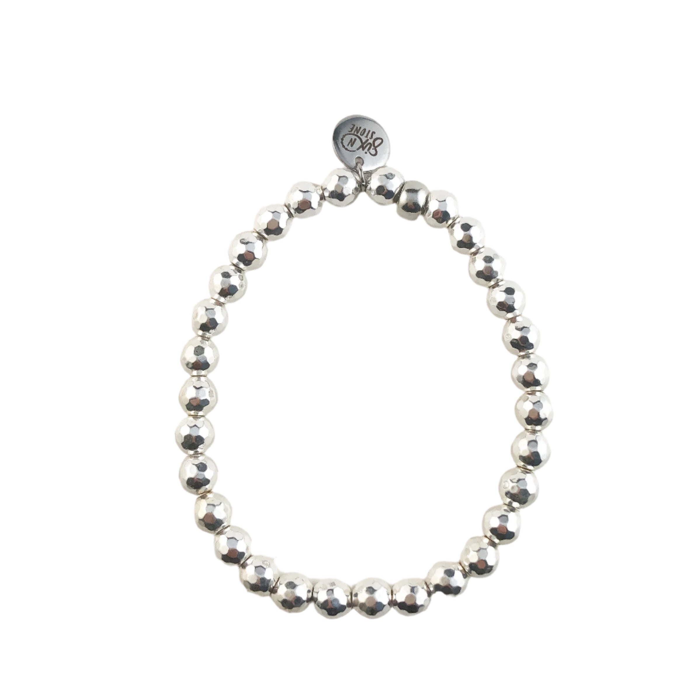 Silver hematite beaded bracelet on a white background