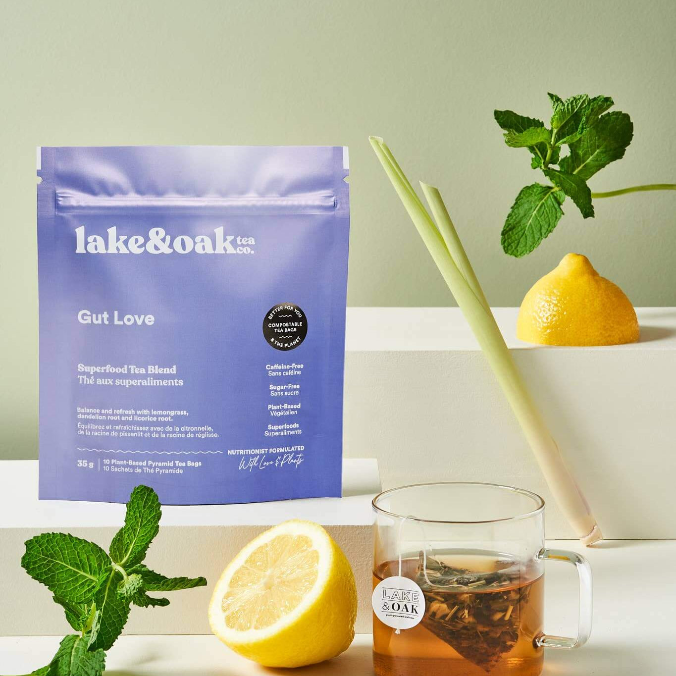 Lake & Oak Tea Co. Gut Love - Superfood Tea: Plant-Based Pyramid Tea Bags - Pouch