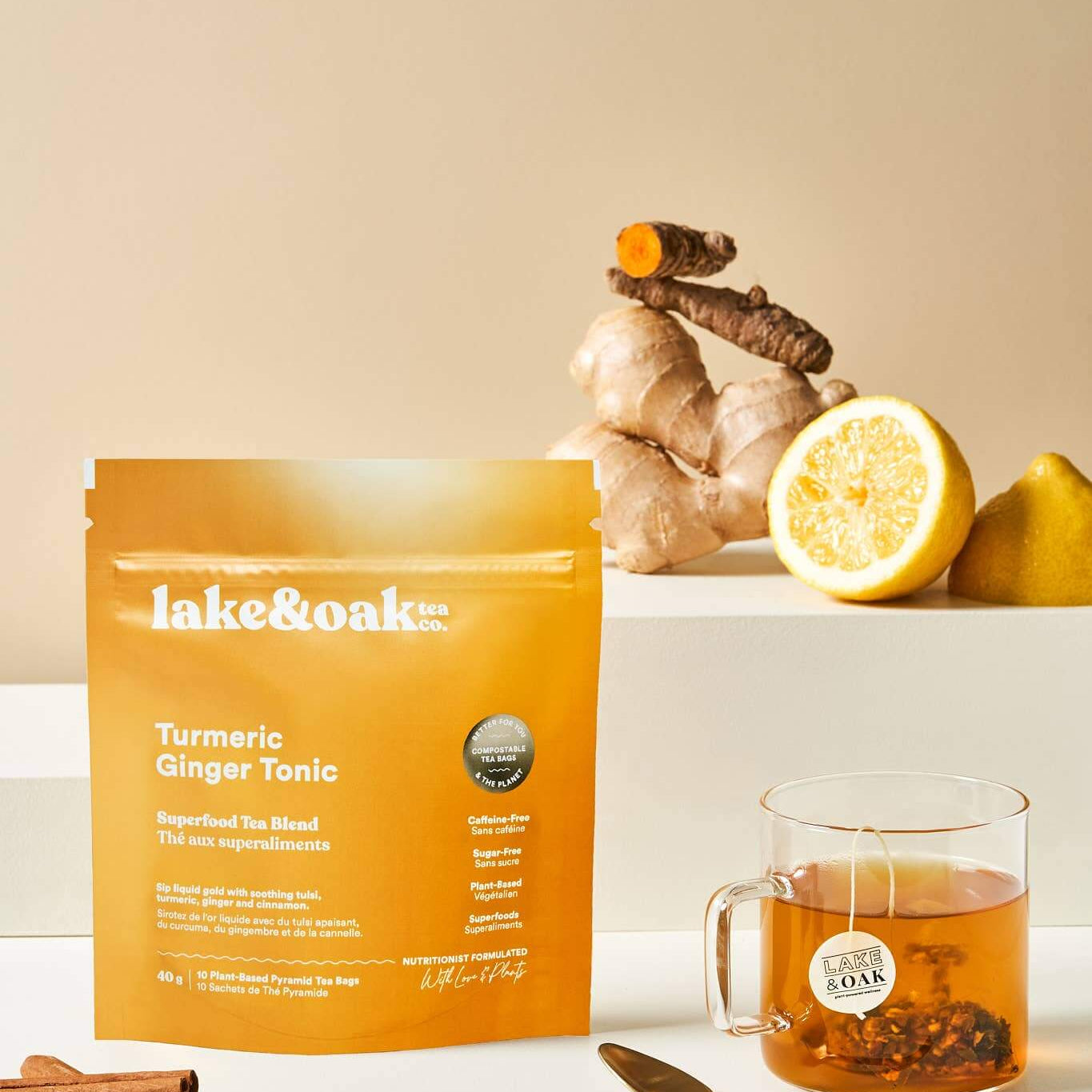 Lake & Oak Tea Co. Turmeric Ginger Tonic - Superfood Tea: Plant-Based Pyramid Tea Bags - Retail Pouch