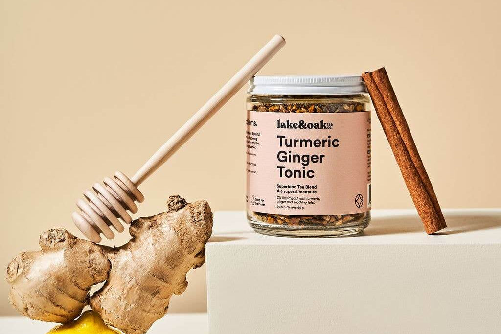 Lake & Oak Tea Co. Turmeric Ginger Tonic - Superfood Tea: Plant-Based Pyramid Tea Bags - Retail Pouch