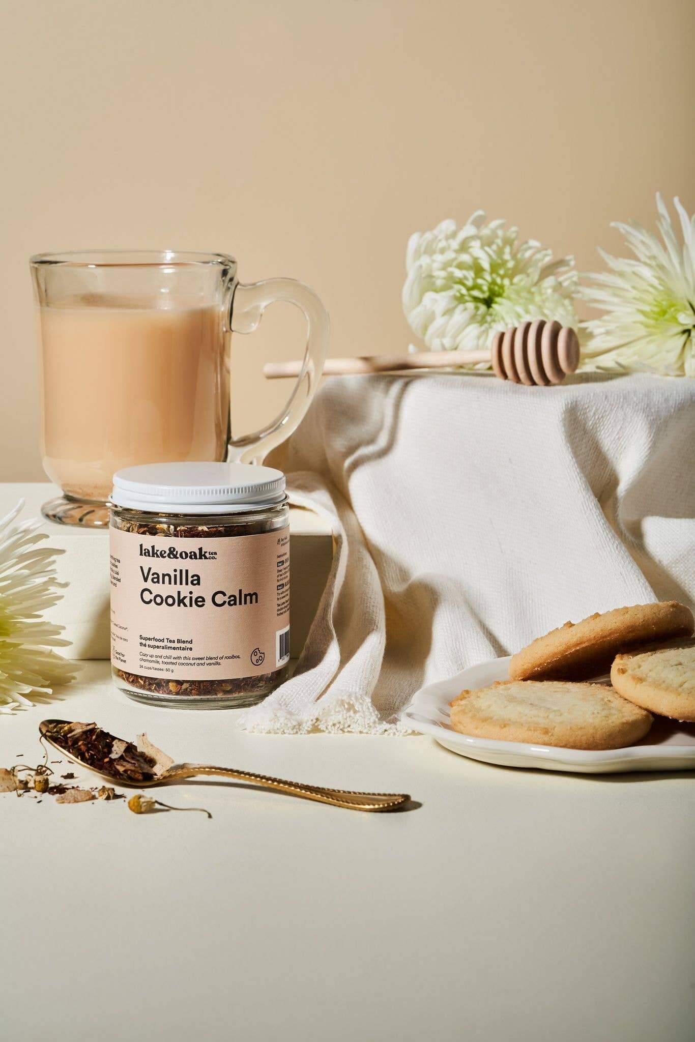 Lake & Oak Tea Co. Vanilla Cookie Calm - Superfood Tea Blend: Retail Glass Jar