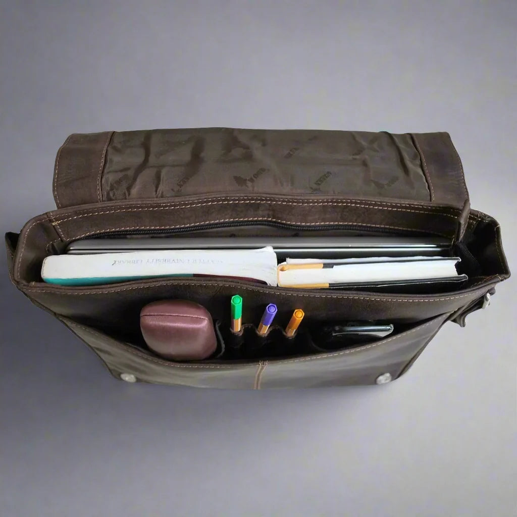 Boutique of Leathers Leather Laptop Bag – Premium Waxed Pull-Up Messenger Bag brown open top