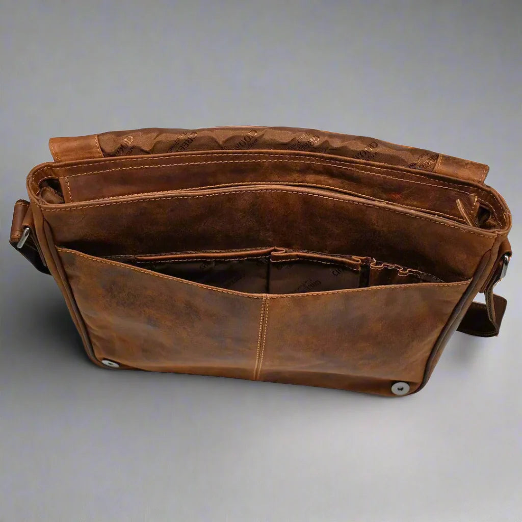 Boutique of Leathers Leather Laptop Bag – Premium Waxed Pull-Up Messenger Bag open