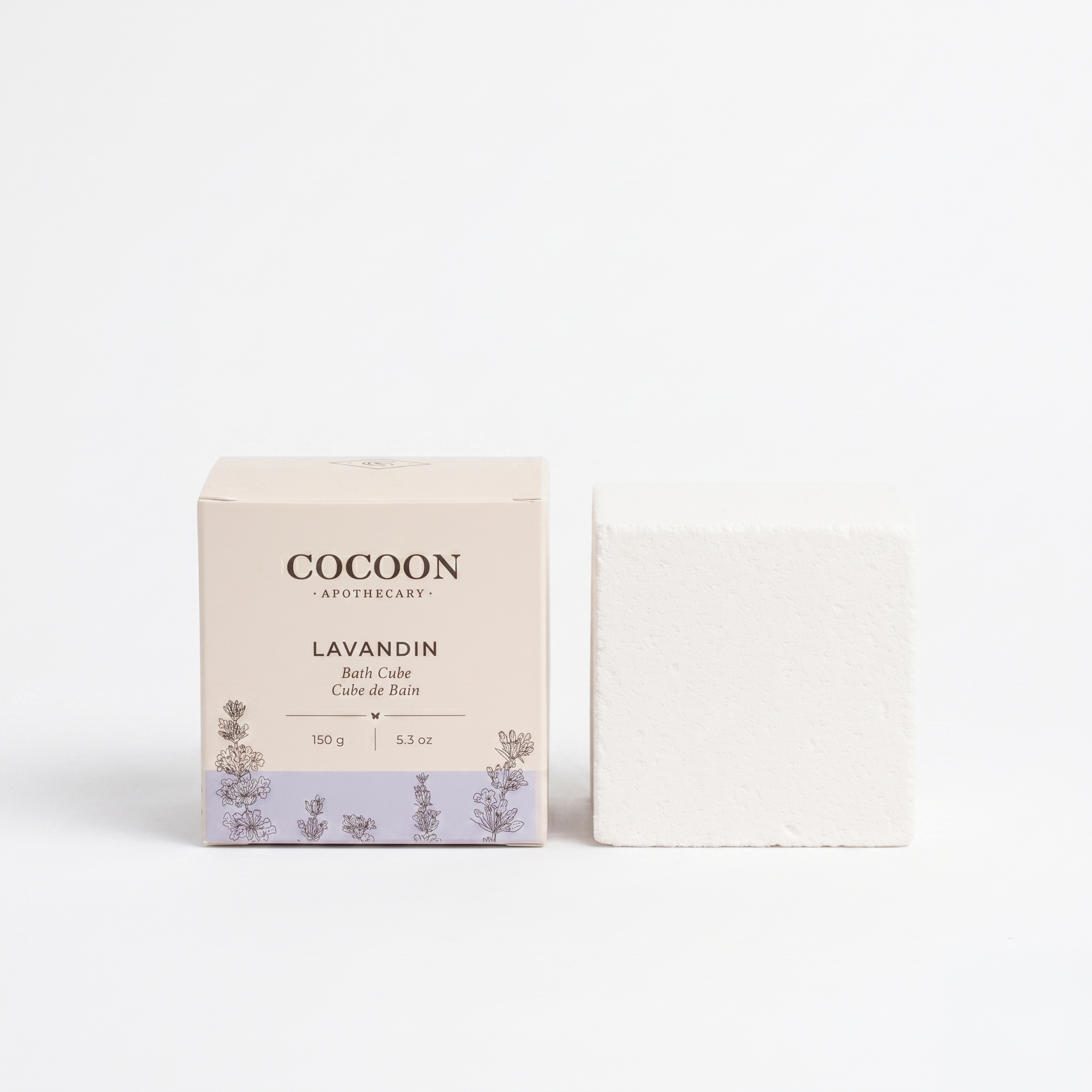 Cocoon Apothecary Lavandin bath cube on a white background