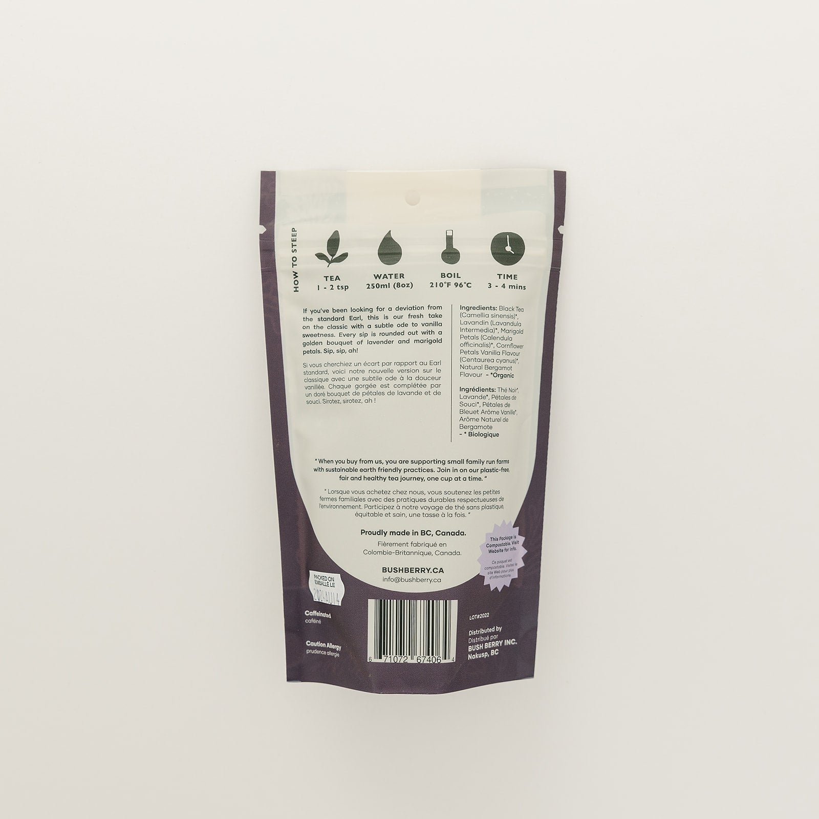 Back view of a tea package with text and graphics on a white background