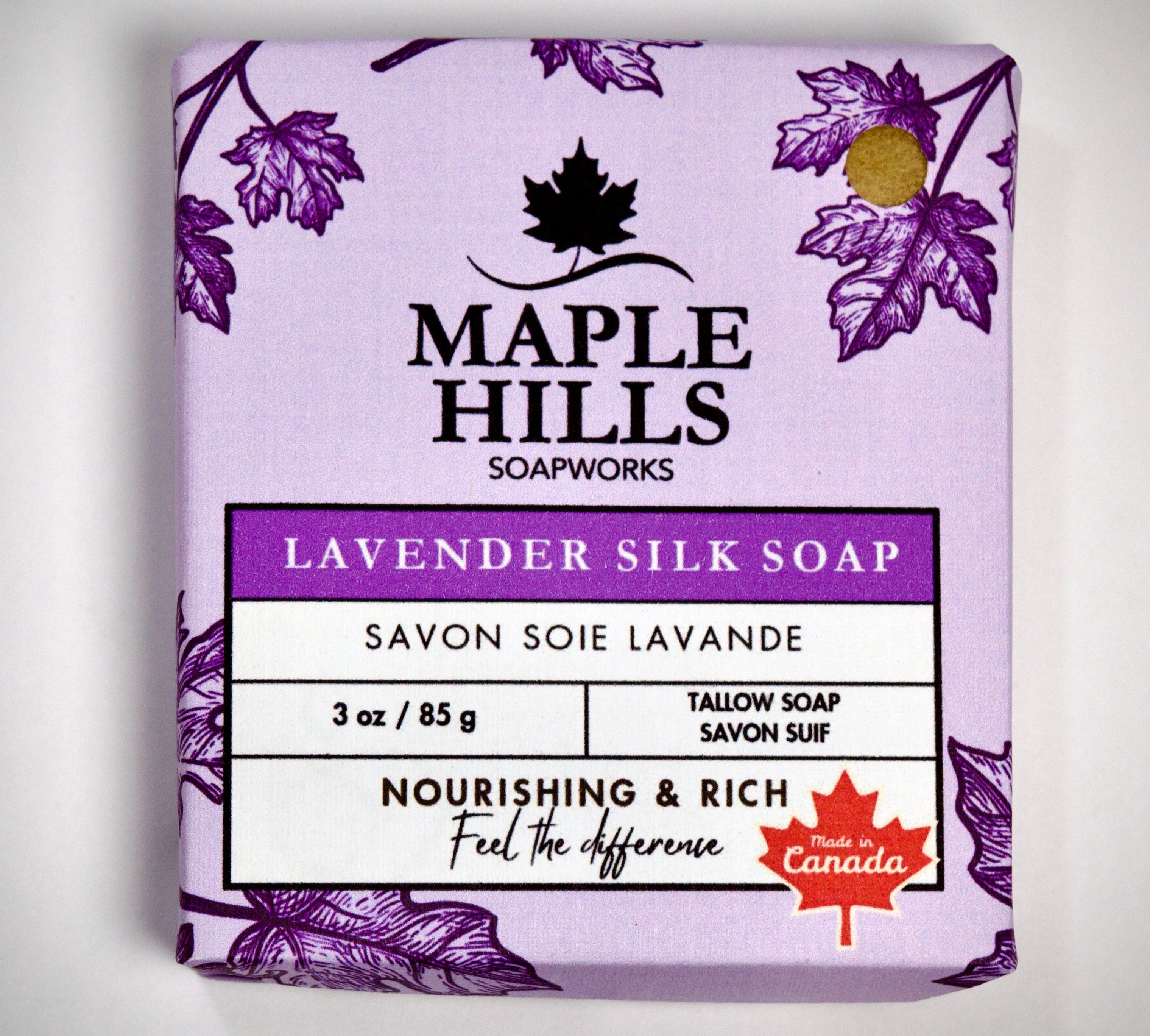 Bar of soap with 'Maple Hills Soapworks' branding on a light background