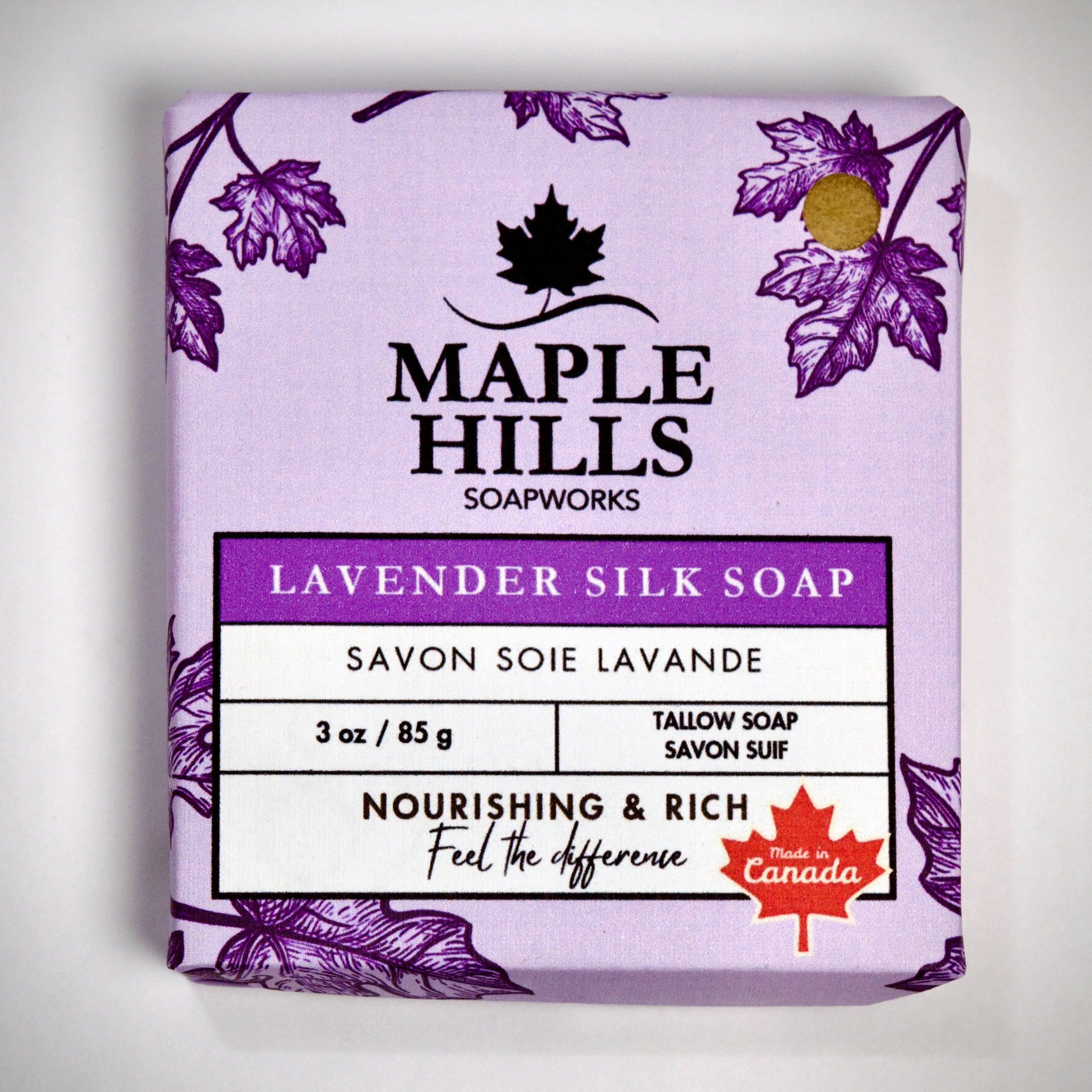 Bar of soap with 'Maple Hills Soapworks' branding on a light background