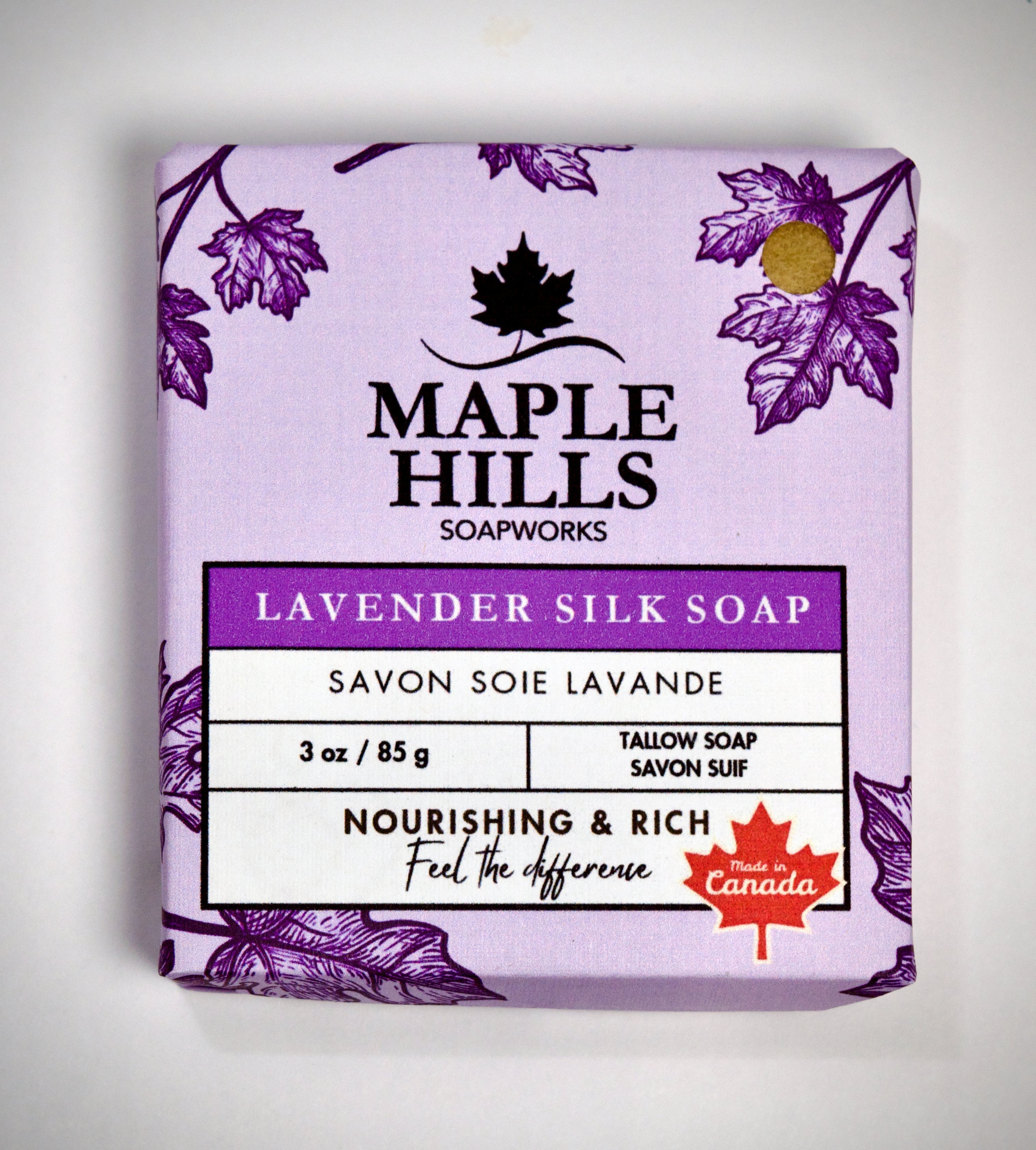 Bar of soap with 'Maple Hills Soapworks' branding on a light background