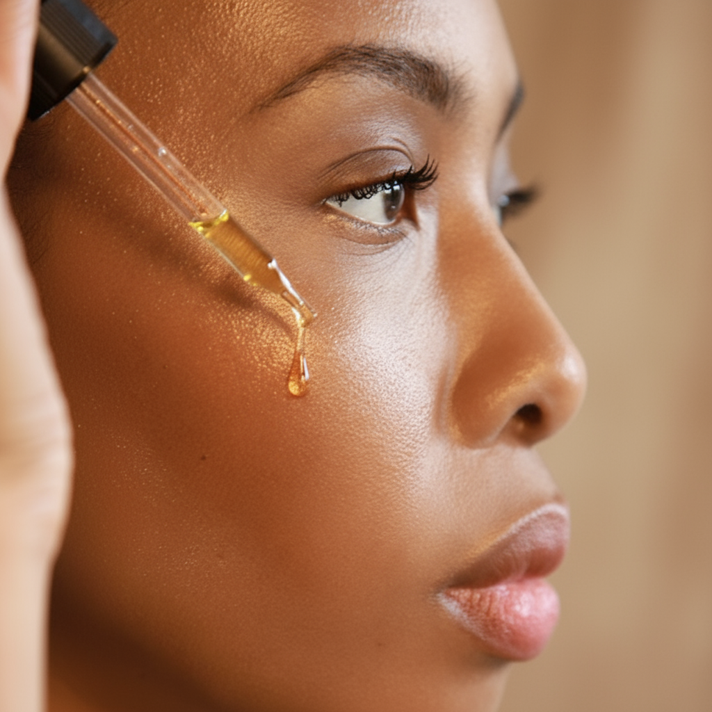 Close-up of a woman applying a dropper of Travel Size Pure Organic Cold-Pressed Moringa Oil
