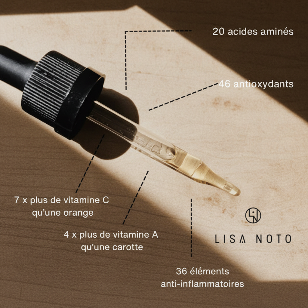 Dropper with serum and text highlighting ingredients on a wooden surface, featuring the brand 'LISA NOTO'. Travel Size Pure Organic Cold-Pressed Moringa Oil