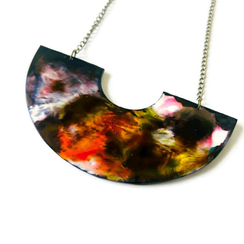 Abstract Alcohol Ink Jewelry Set in Black, White Yellow Orange, Fluid Art Jewelry Sassy Sacha designs necklace 2