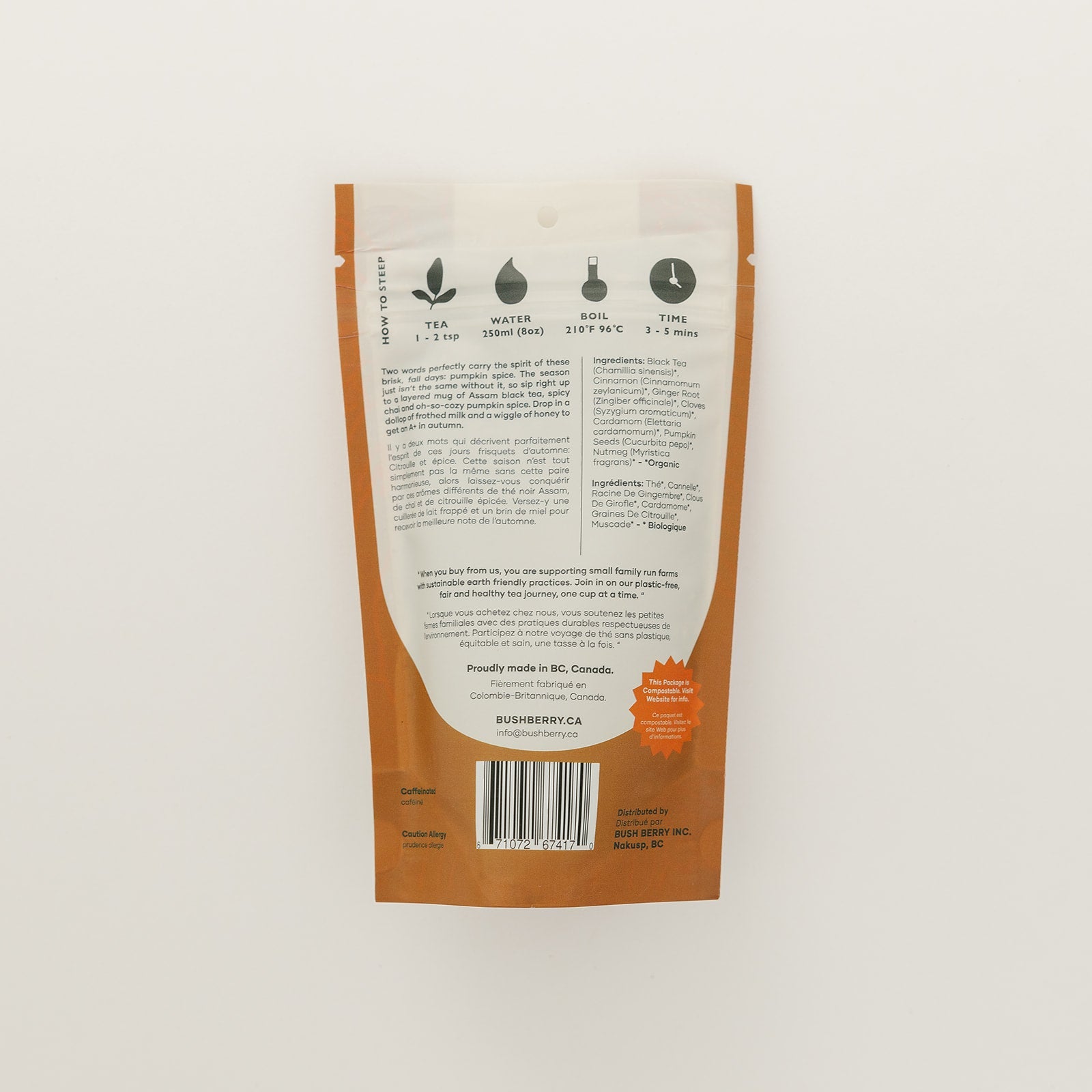 Back view of a tea package with text and branding on a white background