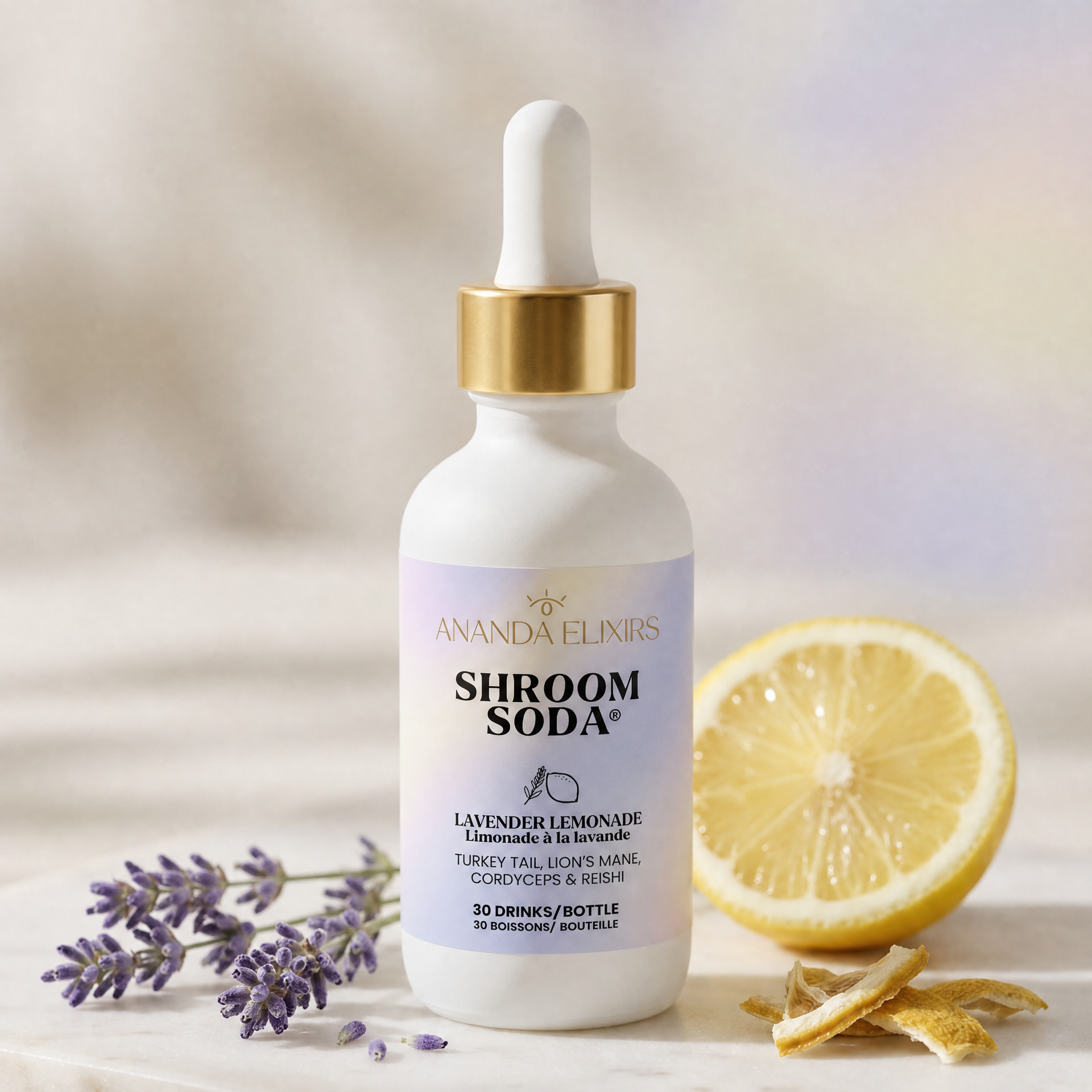 Ananda Elixirs Shroom Soda® – Lavender Lemonade – Tease collab edition dropper bottle