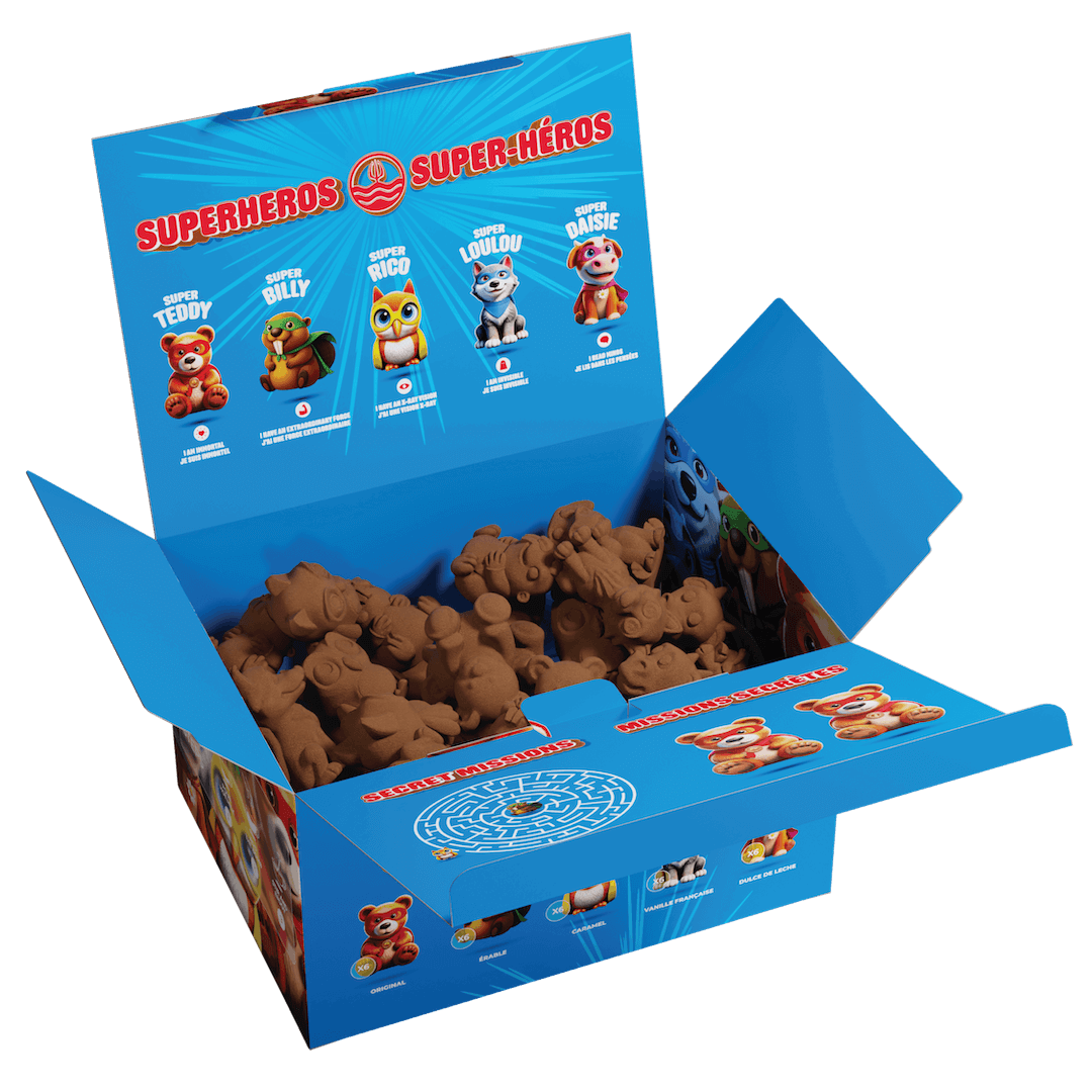 An open blue cardboard mystery box labeled 'SUPERHEROES' and 'SUPERMIRACLOS' filled with small brown bear-shaped figurines, shown on a plain white background.
