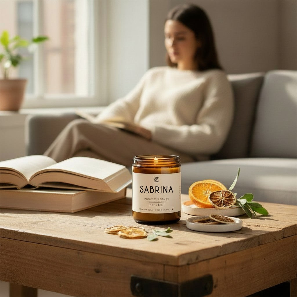 8oz soy candle SABRINA – Agrumes et Sauge | La Sultana Savonnerie on a table