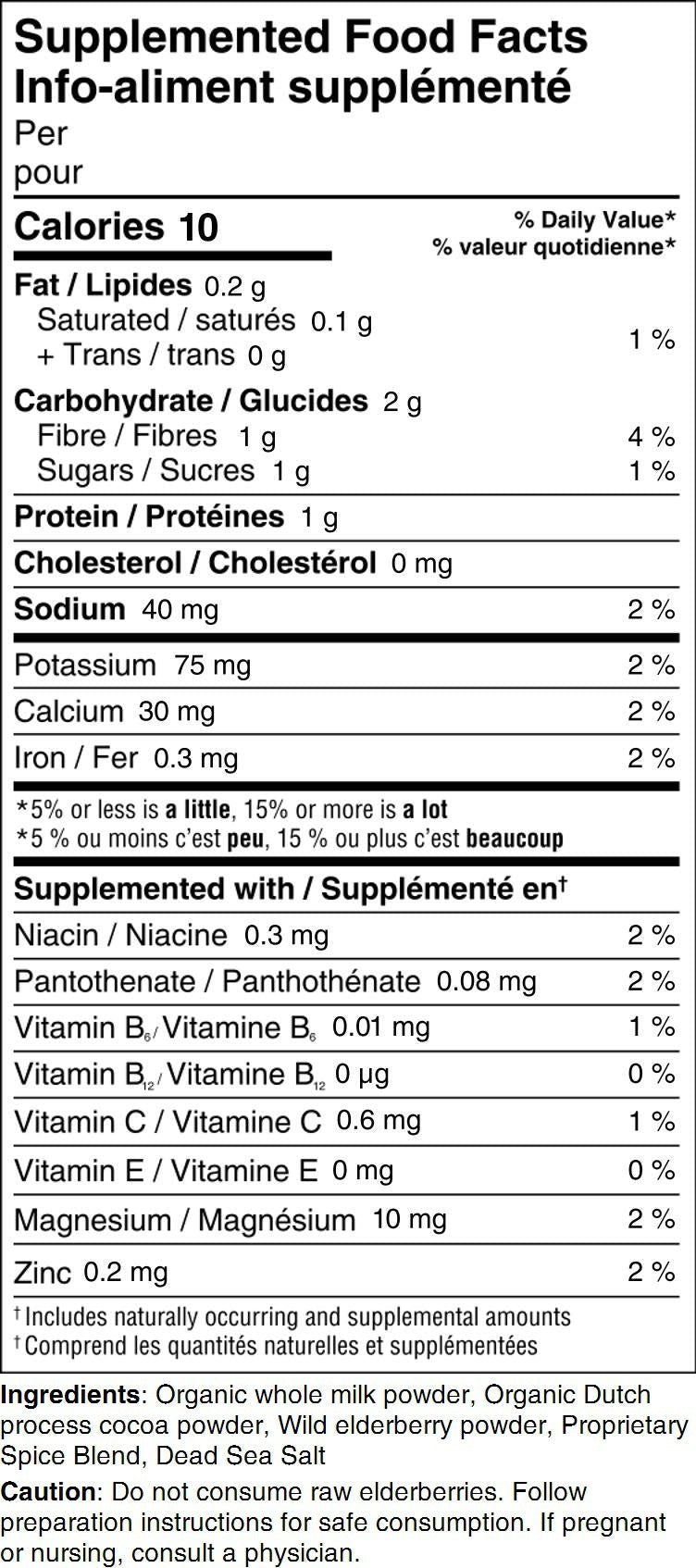 Supplemented Food Facts label with nutritional information and supplement details. Kootenay Woman Midnight Edition Elderberry Hot Chocolate pouch — sugar-free, 150g