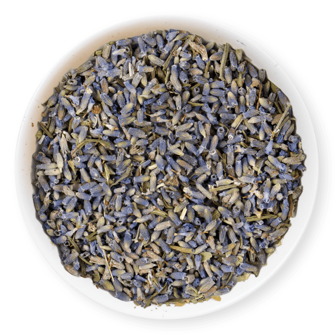 Dry lavender flowers in a white bowl on a dark background