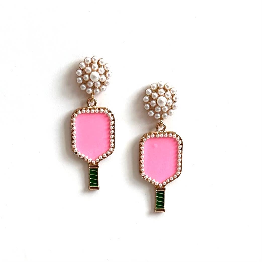 pair of pink pickle ball paddle shaped earrings