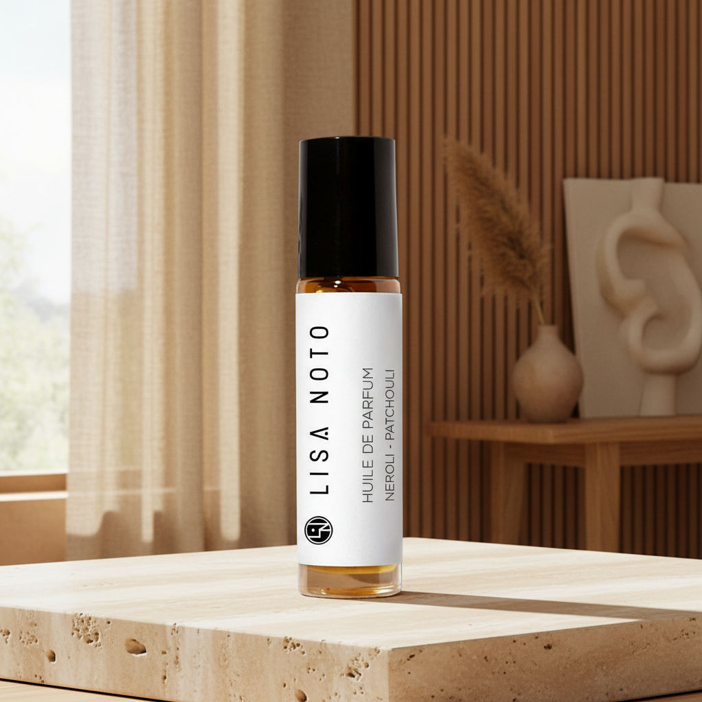 A clear glass rollerball perfume bottle with amber liquid and a black cap, standing on a light stone surface in a warm interior setting. The white label reads LISA NOTO and HUILE DE PARFUM NEROL - PATCHOULI.