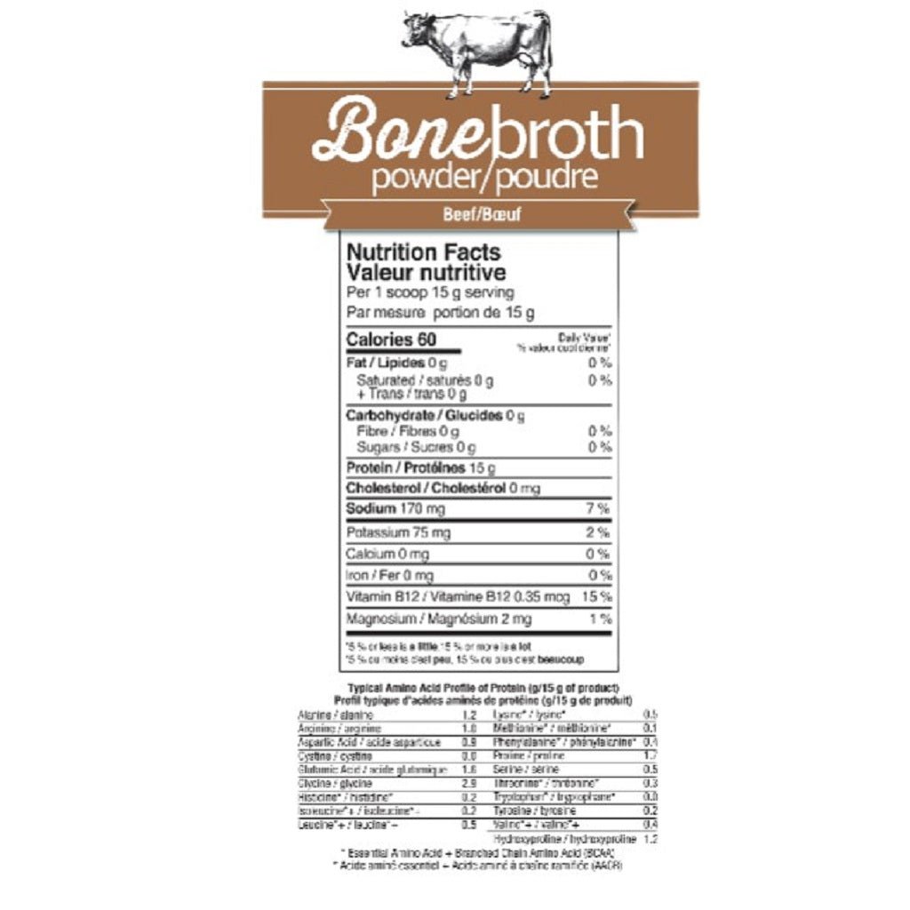 Bonebroth powder label showing the front nutrition facts panel, serving size, calories, and a small beef illustration above the brand name on a white background.