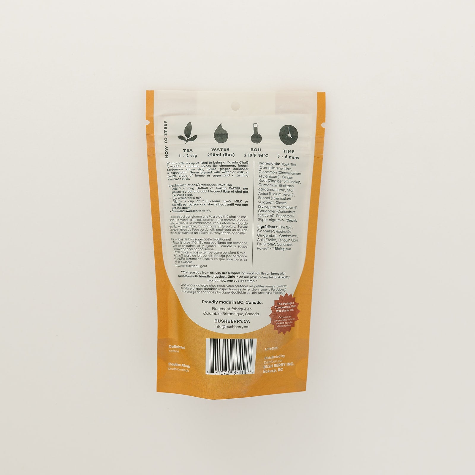 Back view of a tea package with text and branding on a white background