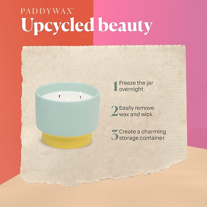 Paddywax upcycled beauty candle with instructions on a pink and orange background