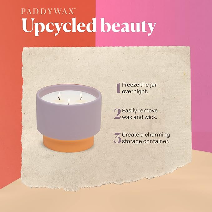 Paddywax upcycled beauty candle with instructions on a pink and orange background
