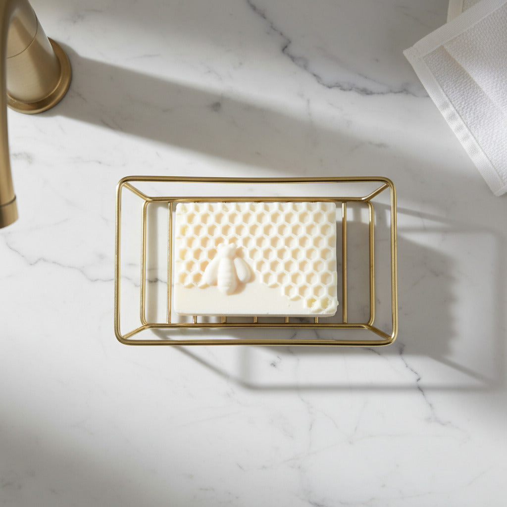 Gold soap dish with a bar of soap on a marble surface