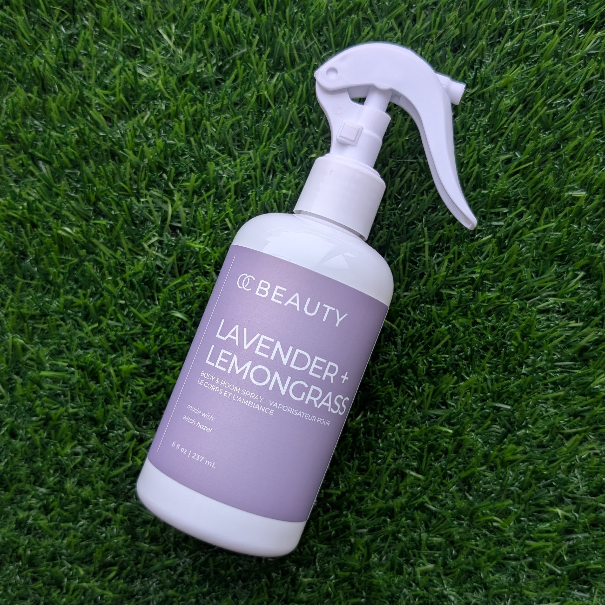 Spray bottle labeled OC Beauty Lavender + Lemongrass Body & Room Spray