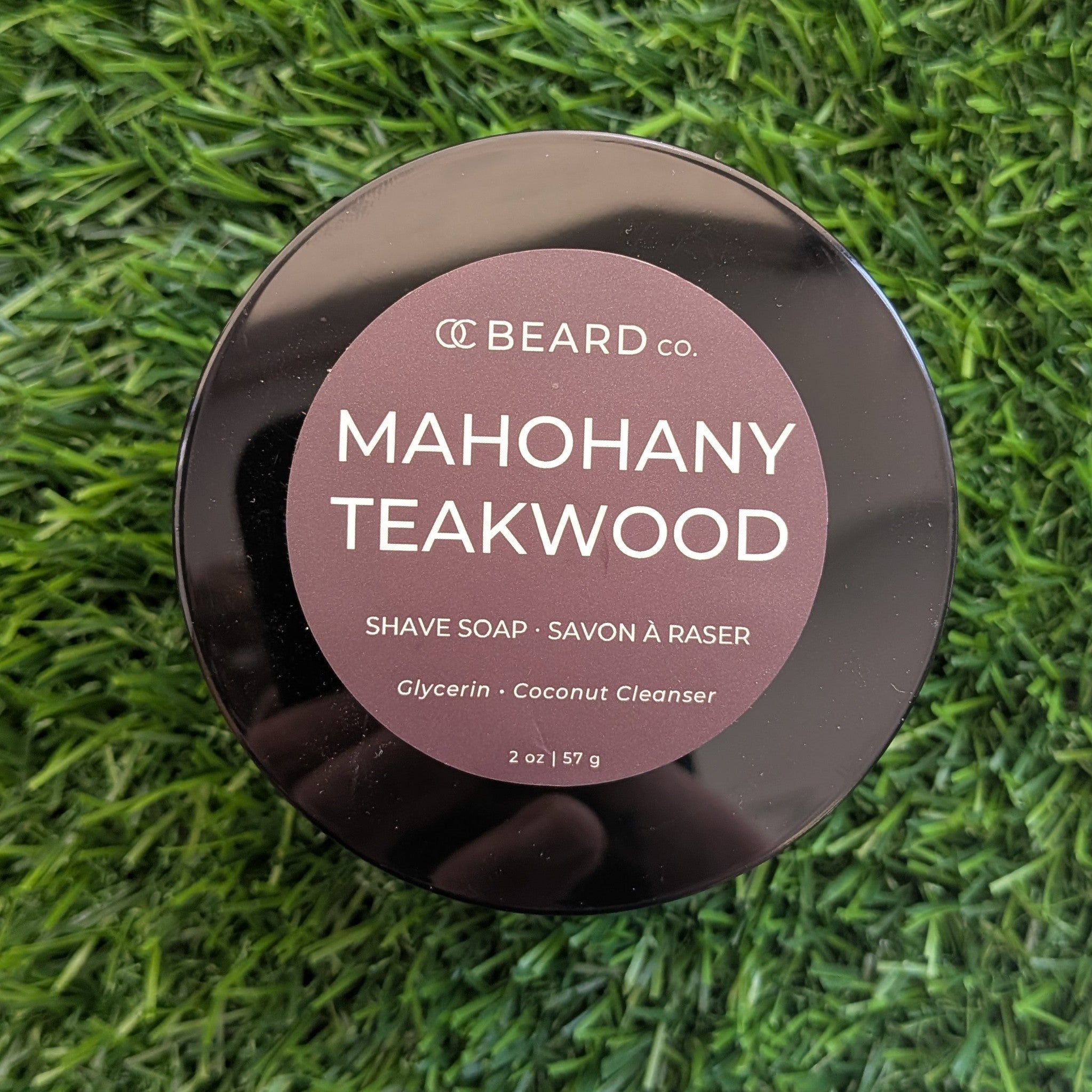 OC Beard co. Mahogany Teakwood Shave Soaps container on grass