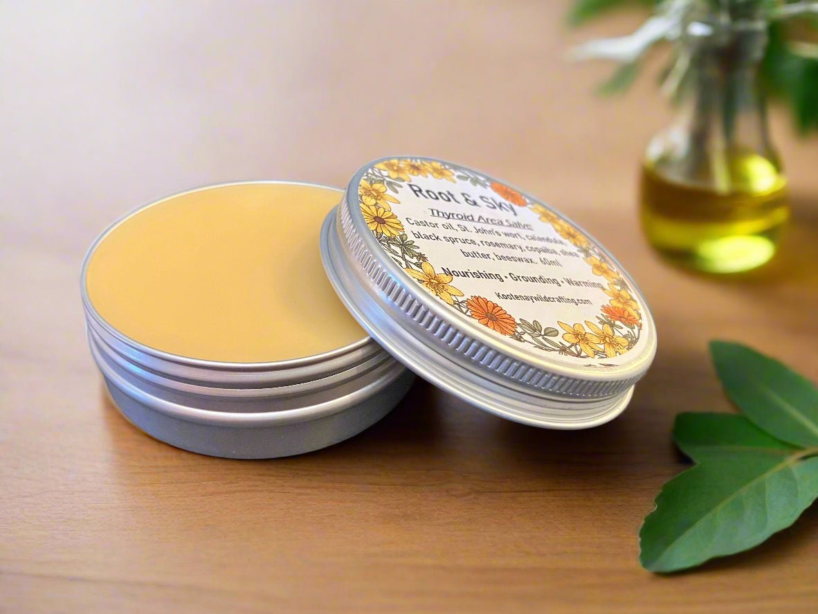 Balm in a tin with a decorative label on a wooden surface, surrounded by green leaves and a glass container.
