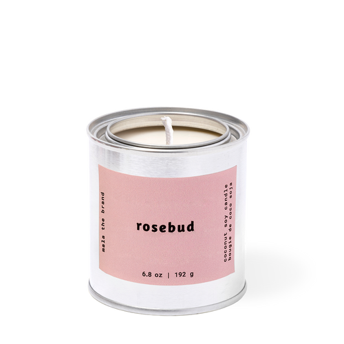 Mala the Brand Rosebud scented Candle in a tin with a pink label on a white background