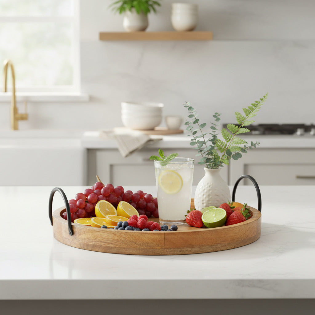 Wooden tray with fruits and a drink on a kitchen counter
