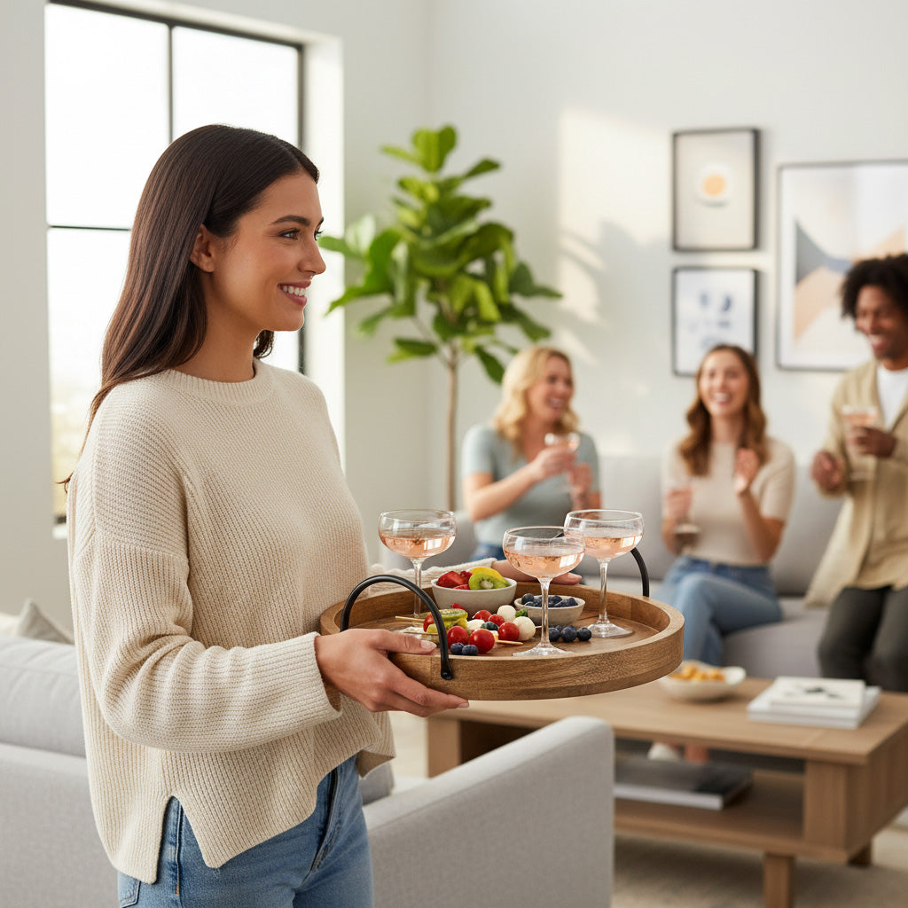 Woman holding a tray with snacks in a living room setting with friends.