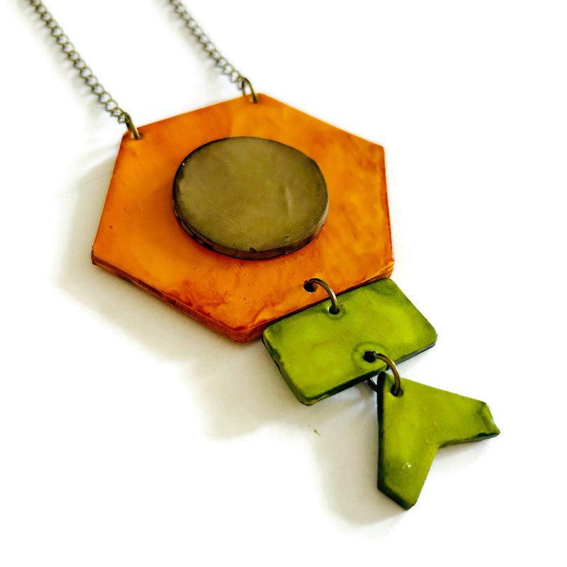 Rustic Geometric Statement Pendant Handmade Orange and Green by Sassy Sacha Designs