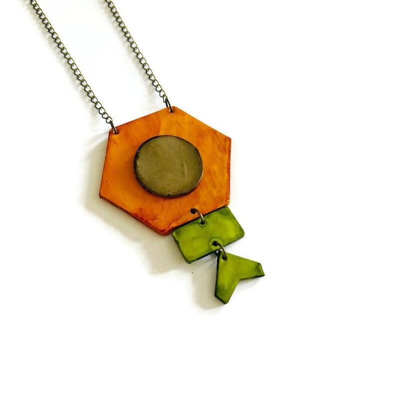 Rustic Geometric Statement Pendant Handmade Orange and Green by Sassy Sacha Designs 2